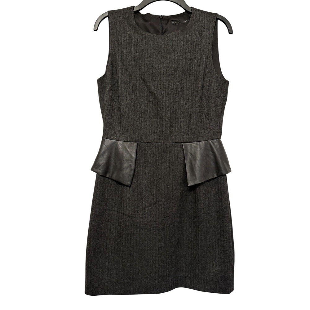 Zara Grey Black Pinstripe Leather Panel Peplum Office Professional Dress Medium